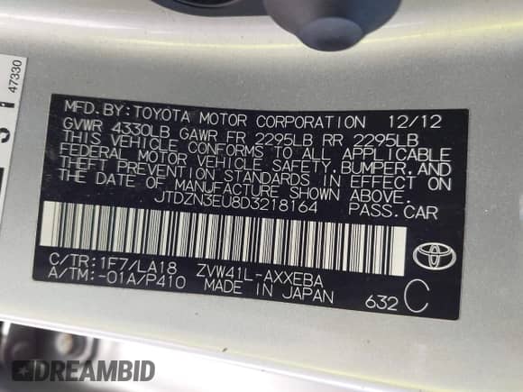 2013 Toyota Prius Two с VIN JTDZN3EU8D3218164, выставлен на аукционе IAAI как лот 43241465 с пробегом 154 726 миль миль и . История ставок и продаж доступна на DreamBid. Изображение 9.