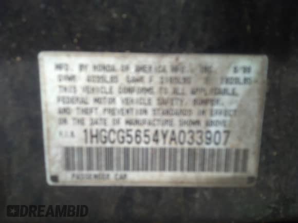 2000 Honda Accord EX z VIN 1HGCG5654YA033907, wystawiony jako IAAI lot #37283152 z przebiegiem 186 047 mil mil oraz . Historia ofert i sprzedaży dostępna na DreamBid. Obrazek 9.