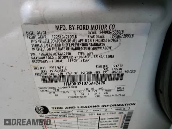 2007 Ford Freestyle SEL с VIN 1FMDK02107GA42490, выставлен на аукционе Copart как лот 66118135 с пробегом 116 732 миль миль и Списание • Salvage title. История ставок и продаж доступна на DreamBid. Изображение 12.