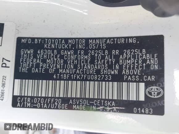 2015 Toyota Camry SE с VIN 4T1BF1FK7FU082733, выставлен на аукционе IAAI как лот 43157114 с пробегом 61 151 миль миль и . История ставок и продаж доступна на DreamBid. Изображение 9.