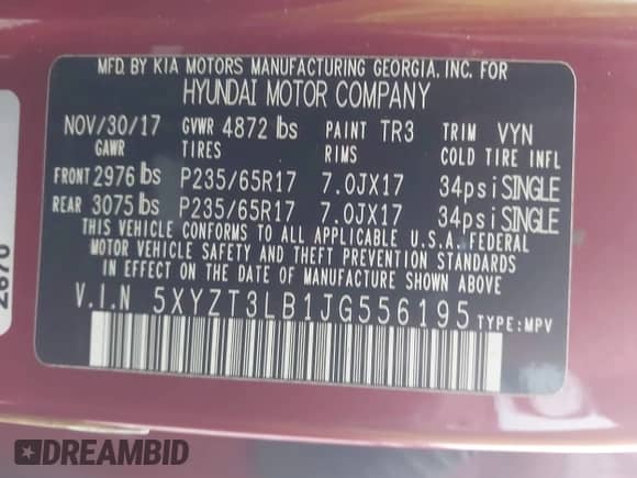 2018 Hyundai Santa Fe 2.4L with VIN 5XYZT3LB1JG556195, listed as a IAAI auction lot 43310112 with 132,565 mi miles and . Bid and sale history available at DreamBid. Image 9.