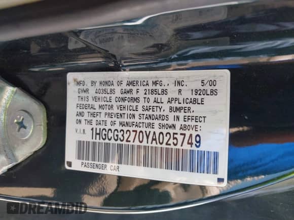 2000 Honda Accord EX with VIN 1HGCG3270YA025749, listed as a IAAI auction lot 42533646 with 196,277 mi miles and . Bid and sale history available at DreamBid. Image 9.