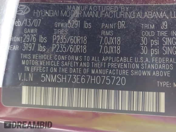 2007 Hyundai Santa Fe SE z VIN 5NMSH73E67H075720, wystawiony jako IAAI lot #43568106 z przebiegiem 159 417 mil mil oraz . Historia ofert i sprzedaży dostępna na DreamBid. Obrazek 9.