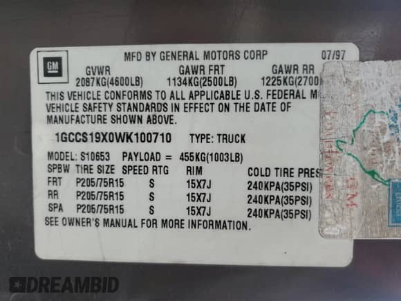 1998 Chevrolet S-10 LS с VIN 1GCCS19X0WK100710, выставлен на аукционе Copart как лот 61636495 с пробегом 216 032 миль миль и Списание • Salvage title. История ставок и продаж доступна на DreamBid. Изображение 14.