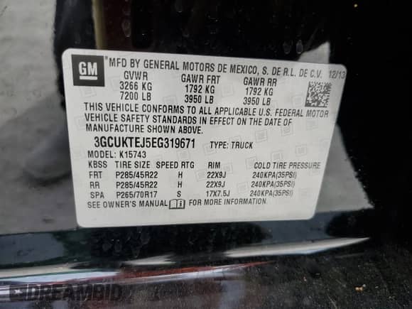 2014 Chevrolet Silverado 1500 High Country with VIN 3GCUKTEJ5EG319671, listed as a Copart auction lot 50453775 with Not provided miles and Salvage title. Bid and sale history available at DreamBid. Image 15.