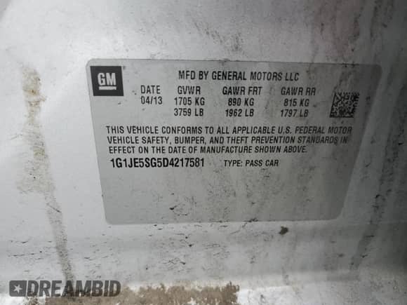 2013 Chevrolet Sonic LTZ с VIN 1G1JE5SG5D4217581, выставлен на аукционе Copart как лот 55977985 с пробегом 49 601 миль миль и Списание • Salvage title. История ставок и продаж доступна на DreamBid. Изображение 12.