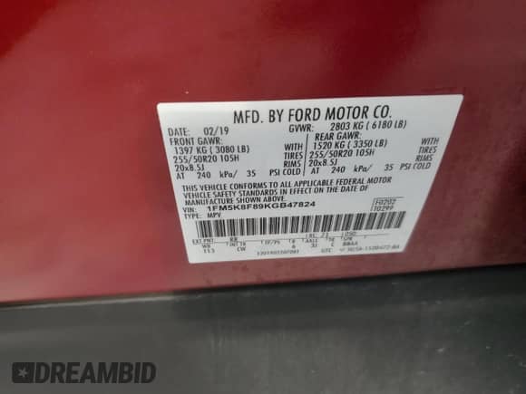 2019 Ford Explorer Limited z VIN 1FM5K8F89KGB47824, wystawiony jako Copart lot #67791785 z przebiegiem Nie podano mil oraz Czysty tytuł • Clean title. Historia ofert i sprzedaży dostępna na DreamBid. Obrazek 14.