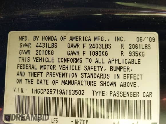 2009 Honda Accord EX с VIN 1HGCP26719A163502, выставлен на аукционе IAAI как лот 41180491 с пробегом 348 341 миль миль и . История ставок и продаж доступна на DreamBid. Изображение 9.