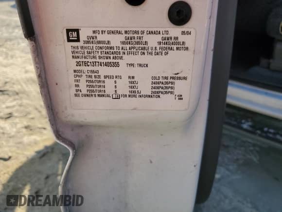 2004 GMC Sierra 1500 SLE with VIN 2GTEC13T741405355, listed as a Copart auction lot 84669864 with Not provided miles and Salvage title. Bid and sale history available at DreamBid. Image 14.