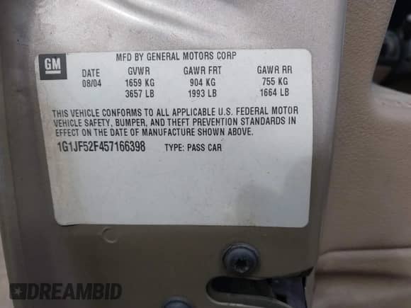 2005 Chevrolet Cavalier LS with VIN 1G1JF52F457166398, listed as a IAAI auction lot 43091843 with 193,419 mi miles and . Bid and sale history available at DreamBid. Image 9.