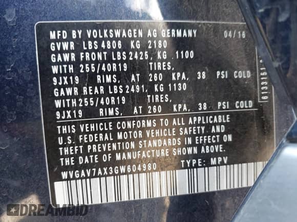 2016 Volkswagen Tiguan S with VIN WVGAV7AX3GW604980, listed as a IAAI auction lot 42777619 with 109,725 mi miles and . Bid and sale history available at DreamBid. Image 9.