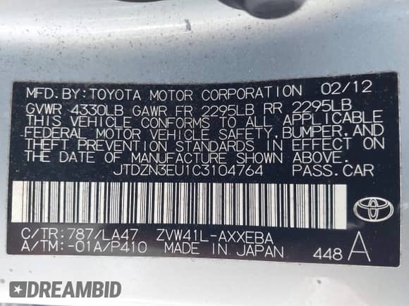 2012 Toyota Prius Two z VIN JTDZN3EU1C3104764, wystawiony jako IAAI lot #43312476 z przebiegiem 162 906 mil mil oraz . Historia ofert i sprzedaży dostępna na DreamBid. Obrazek 9.