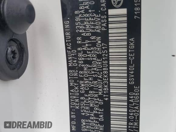 2011 Toyota Camry LE с VIN 4T1BK3EK8BU612517, выставлен на аукционе Copart как лот 69834365 с пробегом Не указан миль и Списание • Salvage title. История ставок и продаж доступна на DreamBid. Изображение 12.