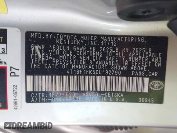 2012 Toyota Camry XLE с VIN 4T1BF1FK5CU192790, выставлен на аукционе IAAI как лот 43525538 с пробегом 185 627 миль миль и . История ставок и продаж доступна на DreamBid. Изображение 9.