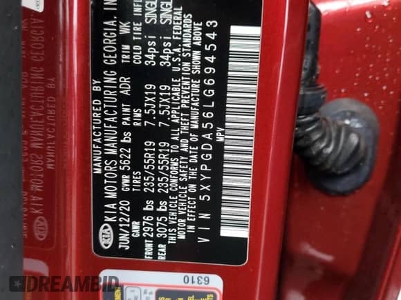 2020 Kia Sorento S with VIN 5XYPGDA56LG694543, listed as a Copart auction lot 47015775 with 61,135 mi miles and Salvage title. Bid and sale history available at DreamBid. Image 14.