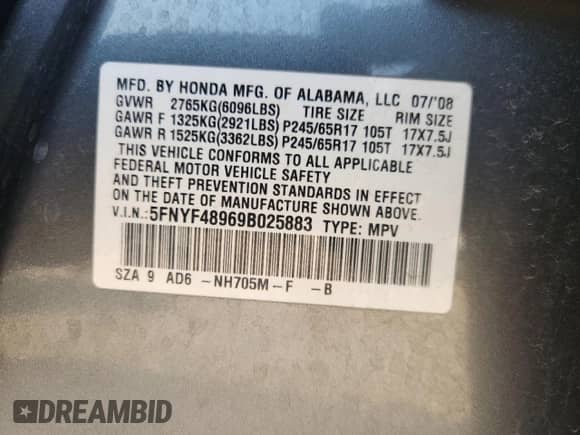 2009 Honda Pilot Touring with VIN 5FNYF48969B025883, listed as a Copart auction lot 70923065 with 192,552 mi miles and Salvage title. Bid and sale history available at DreamBid. Image 13.
