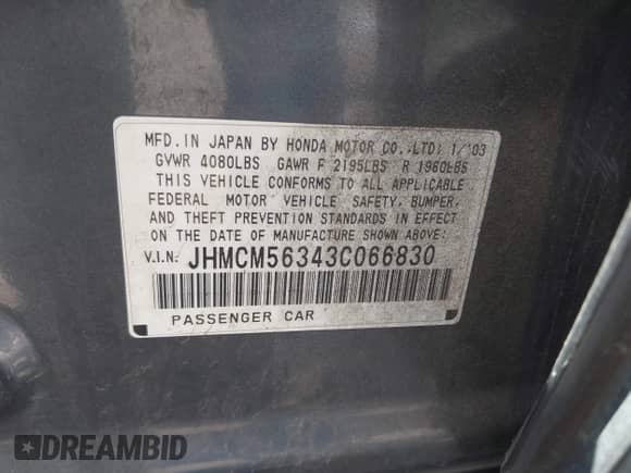 2003 Honda Accord LX with VIN JHMCM56343C066830, listed as a IAAI auction lot 43464871 with 219,179 mi miles and . Bid and sale history available at DreamBid. Image 9.