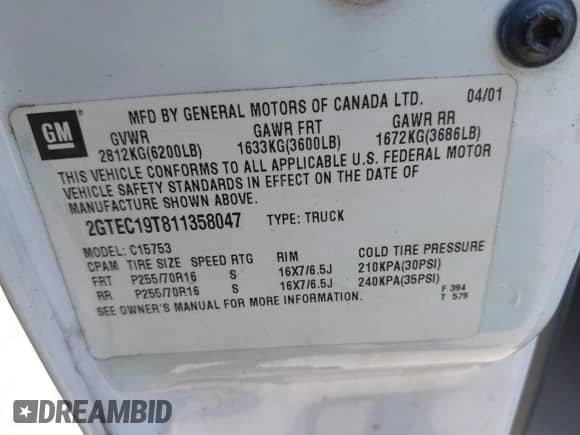 2001 GMC Sierra 1500 SLE z VIN 2GTEC19T811358047, wystawiony jako IAAI lot #42527790 z przebiegiem 185 673 mil mil oraz . Historia ofert i sprzedaży dostępna na DreamBid. Obrazek 9.