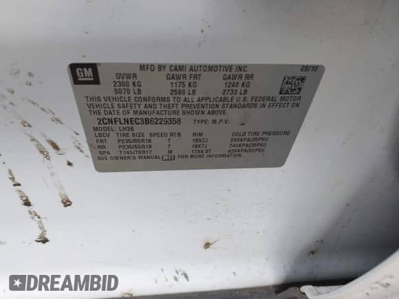 2011 Chevrolet Equinox 2LT с VIN 2CNFLNEC3B6229358, выставлен на аукционе IAAI как лот 42716614 с пробегом 156 808 миль миль и . История ставок и продаж доступна на DreamBid. Изображение 9.