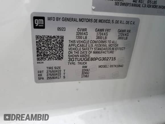 2023 GMC Sierra 1500 Denali with VIN 3GTUUGE80PG302715, listed as a Copart auction lot 55974565 with Not provided miles and Salvage title. Bid and sale history available at DreamBid. Image 13.