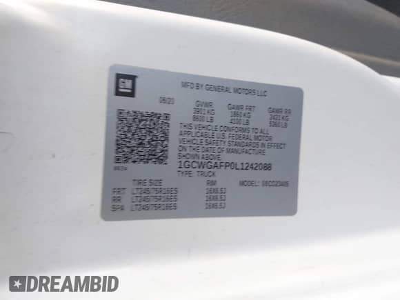 2020 Chevrolet Express Cargo с VIN 1GCWGAFP0L1242088, выставлен на аукционе IAAI как лот 42145895 с пробегом Не указан миль и . История ставок и продаж доступна на DreamBid. Изображение 9.
