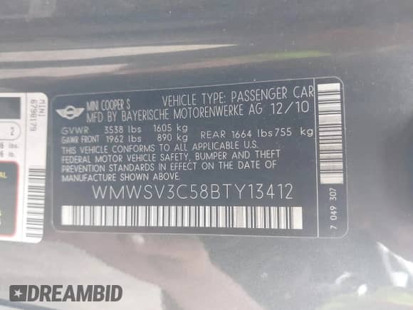 2011 MINI Hardtop S with VIN WMWSV3C58BTY13412, listed as a IAAI auction lot 42516587 with 124,831 mi miles and . Bid and sale history available at DreamBid. Image 9.