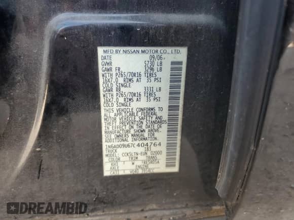 2007 Nissan Frontier SE with VIN 1N6AD09U67C404764, listed as a Copart auction lot 66150275 with 134,068 mi miles and Salvage title. Bid and sale history available at DreamBid. Image 12.