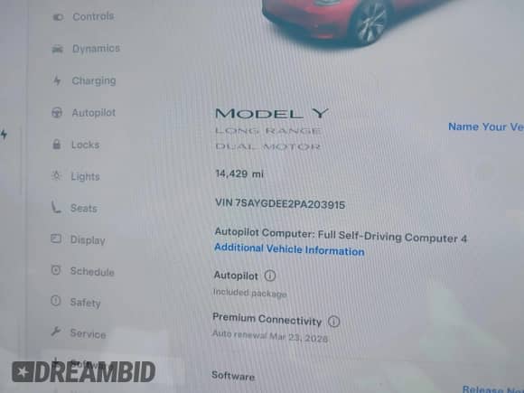 2023 Tesla Model Y Long Range с VIN 7SAYGDEE2PA203915, выставлен на аукционе IAAI как лот 42858922 с пробегом 14 429 миль миль и . История ставок и продаж доступна на DreamBid. Изображение 15.