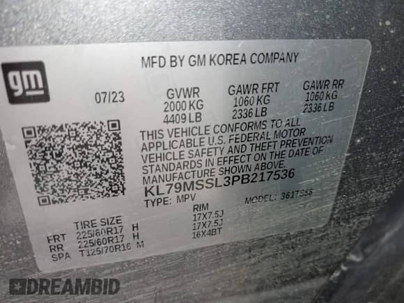 2023 Chevrolet TrailBlazer ACTIV with VIN KL79MSSL3PB217536, listed as a IAAI auction lot 43004170 with 6,515 mi miles and . Bid and sale history available at DreamBid. Image 9.