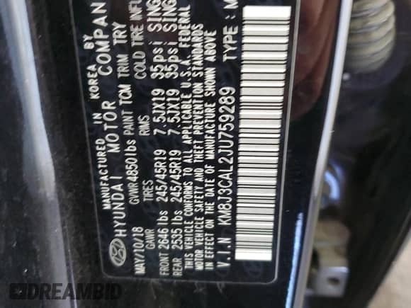 2018 Hyundai Tucson Sport with VIN KM8J3CAL2JU759289, listed as a Copart auction lot 83947165 with 68,073 mi miles and Salvage title. Bid and sale history available at DreamBid. Image 13.