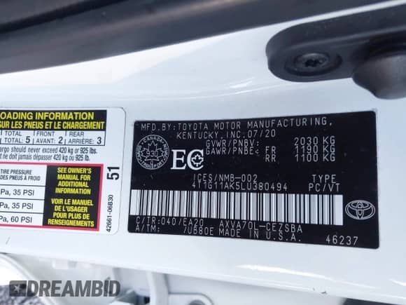 2020 Toyota Camry SE z VIN 4T1G11AK5LU380494, wystawiony jako IAAI lot #43567593 z przebiegiem 13 112 mil mil oraz . Historia ofert i sprzedaży dostępna na DreamBid. Obrazek 9.