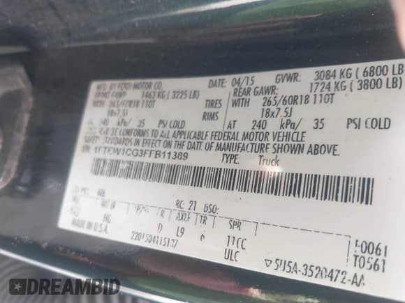 2015 Ford F-150 XLT z VIN 1FTEW1CG3FFB11389, wystawiony jako IAAI lot #43260656 z przebiegiem 183 500 mil mil oraz . Historia ofert i sprzedaży dostępna na DreamBid. Obrazek 9.