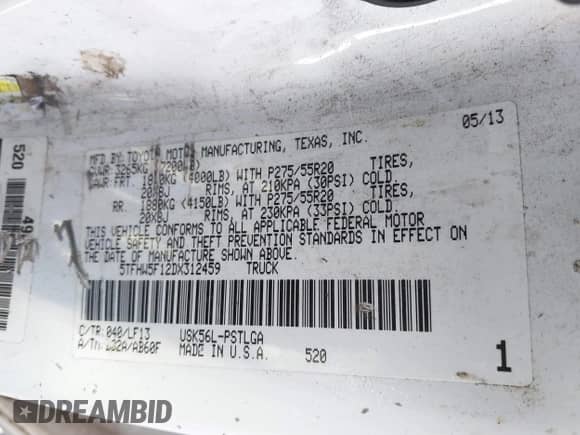 2013 Toyota Tundra Limited с VIN 5TFHW5F12DX312459, выставлен на аукционе IAAI как лот 41303176 с пробегом 289 393 миль миль и . История ставок и продаж доступна на DreamBid. Изображение 9.