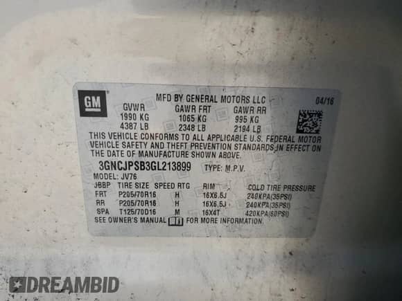 2016 Chevrolet Trax LT with VIN 3GNCJPSB3GL213899, listed as a Copart auction lot 89901935 with 69,271 mi miles and Salvage title. Bid and sale history available at DreamBid. Image 14.