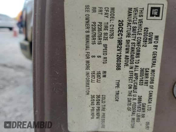 1997 Chevrolet Silverado 1500 with VIN 2GCEC19R2V1260366, listed as a Copart auction lot 85531335 with 294,145 mi miles and Clean title. Bid and sale history available at DreamBid. Image 12.