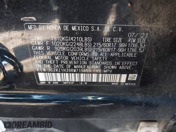 2024 Honda HR-V LX с VIN 3CZRZ1H39RM715655, выставлен на аукционе IAAI как лот 42949409 с пробегом 53 369 миль миль и . История ставок и продаж доступна на DreamBid. Изображение 9.