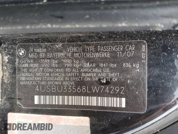 2008 BMW Z4 3.0i with VIN 4USBU33568LW74292, listed as a Copart auction lot 62563555 with Not provided miles and Salvage title. Bid and sale history available at DreamBid. Image 13.