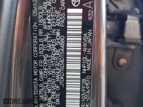 2013 Toyota Prius Three with VIN JTDKDTB34D1544880, listed as a Copart auction lot 87254815 with 89,832 mi miles and Salvage title. Bid and sale history available at DreamBid. Image 14.