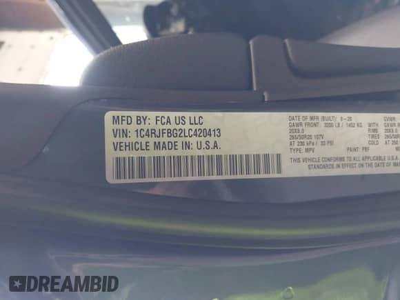2020 Jeep Grand Cherokee Limited X with VIN 1C4RJFBG2LC420413, listed as a IAAI auction lot 42366255 with 53,788 mi miles and . Bid and sale history available at DreamBid. Image 9.