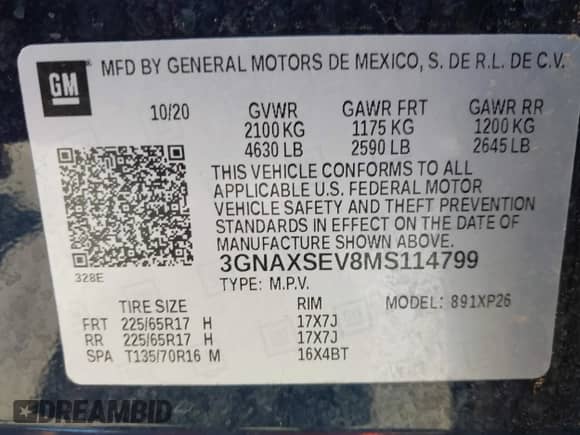 2021 Chevrolet Equinox LS с VIN 3GNAXSEV8MS114799, выставлен на аукционе IAAI как лот 42582804 с пробегом 92 790 миль миль и . История ставок и продаж доступна на DreamBid. Изображение 9.