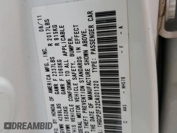 2012 Honda Accord LX с VIN 1HGCP2F32CA001320, выставлен на аукционе Copart как лот 57673845 с пробегом 128 974 миль миль и Списание • Salvage title. История ставок и продаж доступна на DreamBid. Изображение 13.