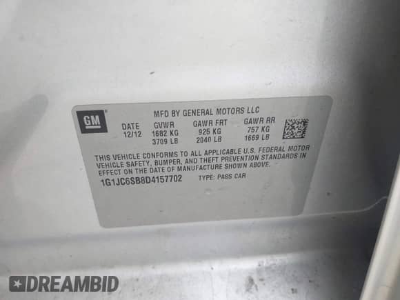 2013 Chevrolet Sonic LT с VIN 1G1JC6SB8D4157702, выставлен на аукционе IAAI как лот 43072159 с пробегом 97 833 миль миль и . История ставок и продаж доступна на DreamBid. Изображение 9.