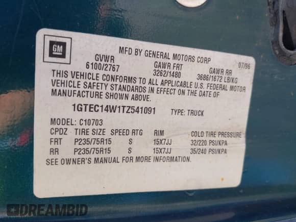 1996 GMC Sierra 1500 с VIN 1GTEC14W1TZ541091, выставлен на аукционе IAAI как лот 42200727 с пробегом 202 194 миль миль и . История ставок и продаж доступна на DreamBid. Изображение 9.
