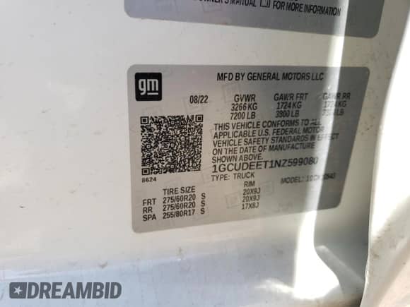 2022 Chevrolet Silverado 1500 RST z VIN 1GCUDEET1NZ599080, wystawiony jako Copart lot #48054855 z przebiegiem Nie podano mil oraz Szkoda całkowita • Salvage title. Historia ofert i sprzedaży dostępna na DreamBid. Obrazek 12.