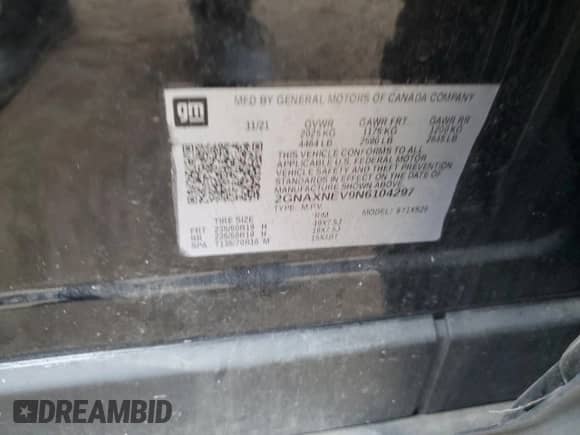 2022 Chevrolet Equinox Premier with VIN 2GNAXNEV9N6104297, listed as a Copart auction lot 69554035 with 35,883 mi miles and Non repairable. Bid and sale history available at DreamBid. Image 12.