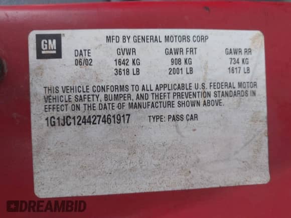 2002 Chevrolet Cavalier с VIN 1G1JC124427461917, выставлен на аукционе IAAI как лот 41467905 с пробегом Не указан миль и . История ставок и продаж доступна на DreamBid. Изображение 9.