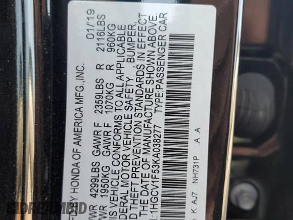 2019 Honda Accord EX-L с VIN 1HGCV1F53KA038277, выставлен на аукционе Copart как лот 71599865 с пробегом 7 905 миль миль и Списание • Salvage title. История ставок и продаж доступна на DreamBid. Изображение 12.