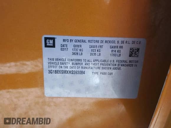 2017 Chevrolet Cruze LT z VIN 3G1BE6SMXHS593084, wystawiony jako Copart lot #80735865 z przebiegiem 29 098 mil mil oraz Nie do naprawy • Non repairable. Historia ofert i sprzedaży dostępna na DreamBid. Obrazek 13.