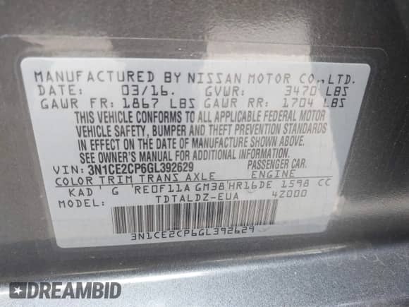 2016 Nissan Note S with VIN 3N1CE2CP6GL392629, listed as a IAAI auction lot 43326328 with 116,101 mi miles and . Bid and sale history available at DreamBid. Image 9.