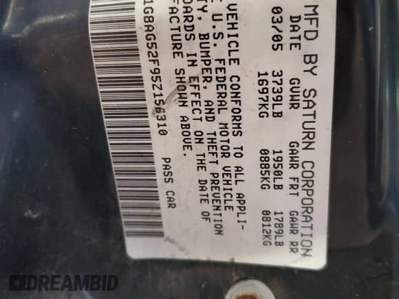 2005 Saturn ION ION 1 с VIN 1G8AG52F95Z156310, выставлен на аукционе Copart как лот 83634554 с пробегом 143 420 миль миль и Списание • Salvage title. История ставок и продаж доступна на DreamBid. Изображение 12.